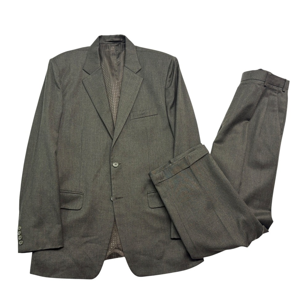 Custom Bespoke 42R 34x30 Olive Green Flannel Wool 2pc Pant Suit High Waisted